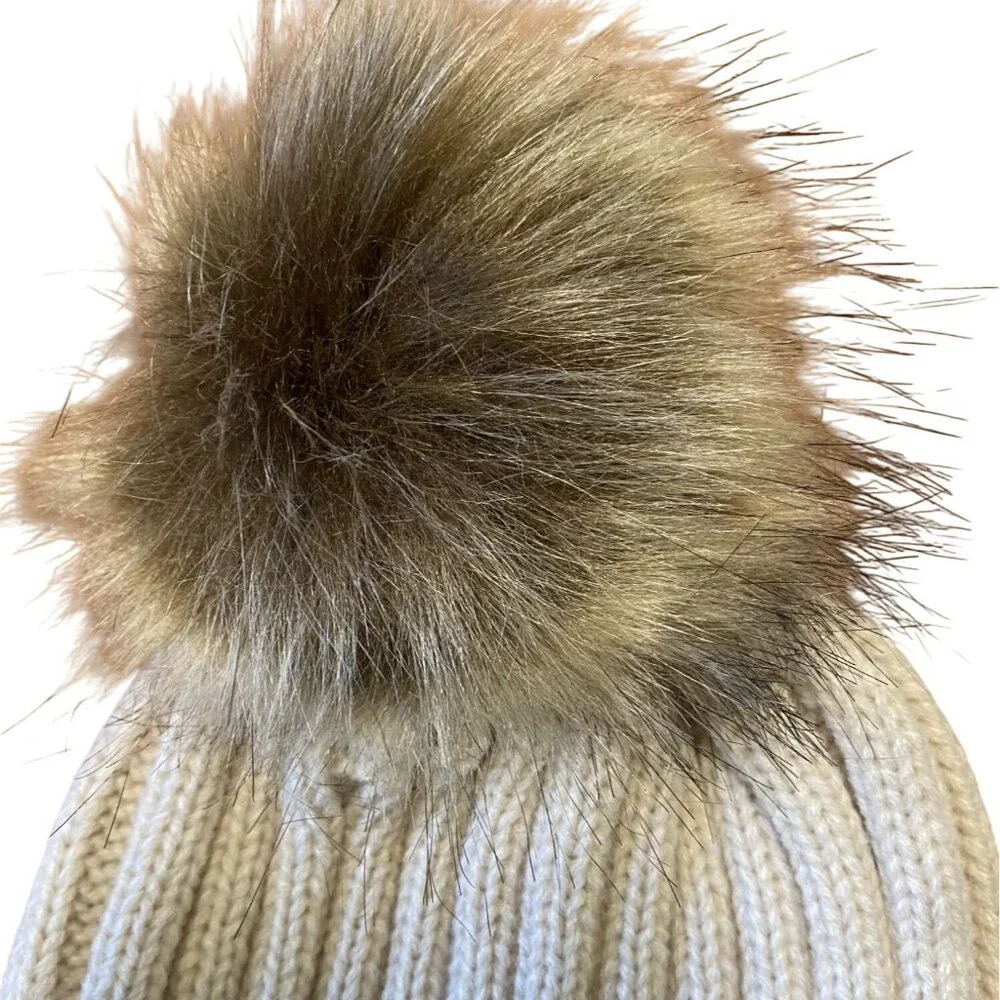 Winter Womens Stretch Knit‎ Beanie Hat Faux Fur Pom Pom Beige Warm Ribbed Fold